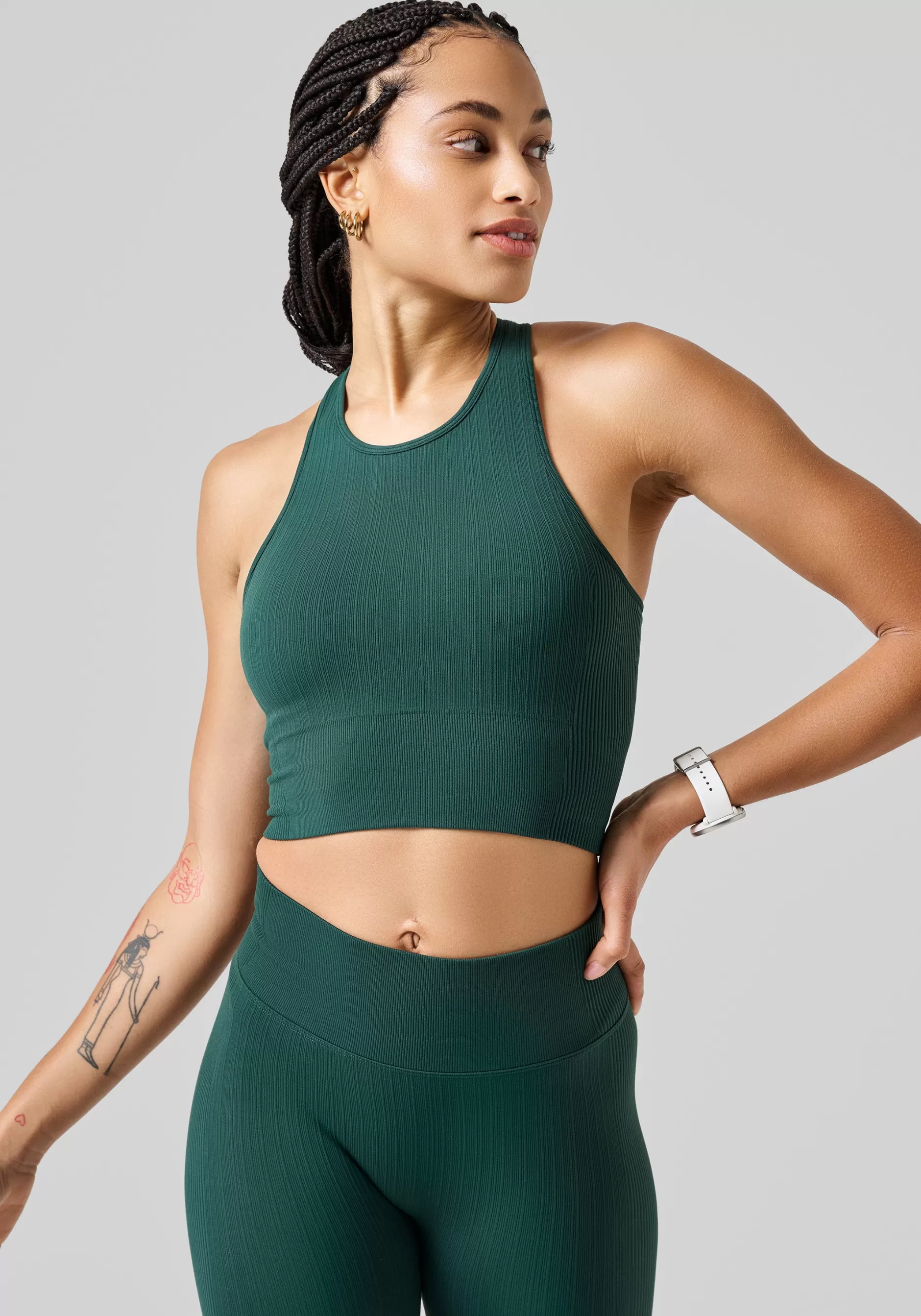Fashion Casall Multi Rib Seamless Padded Sports Top - Dark Pine